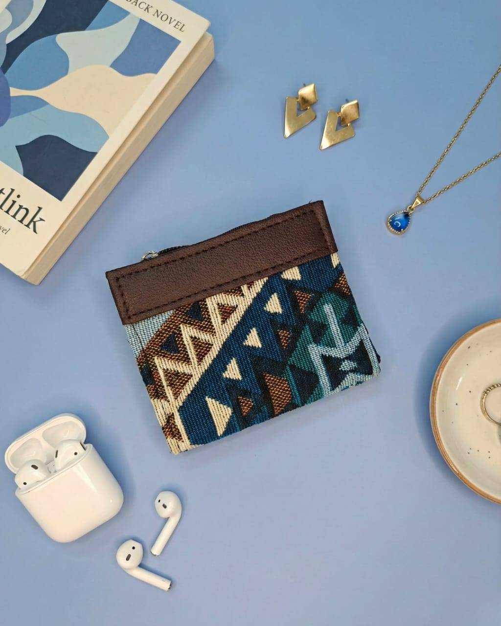 Beige and Blue Striped Jacquard Unisex Wallet